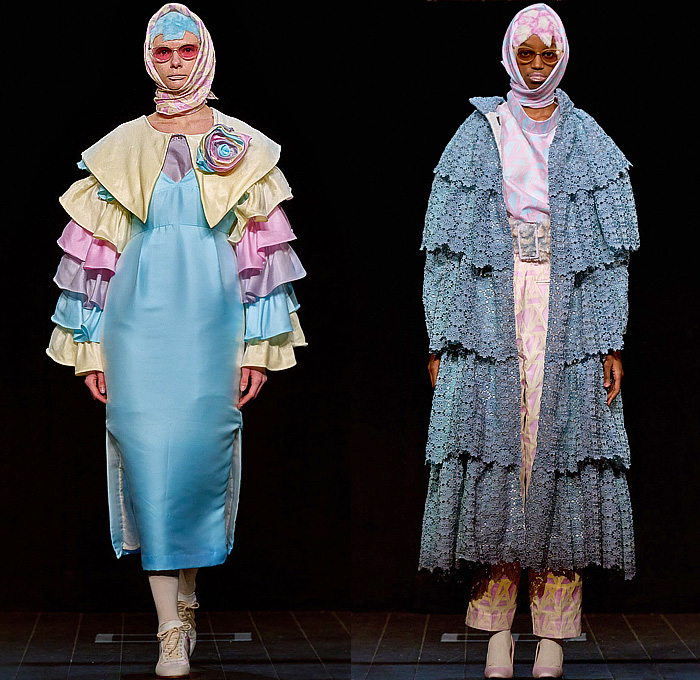 ANREALAGE 2023-2024 Fall Autumn Winter Womens Runway Collection Looks - Paris Fashion Week Femme PFW - UV Light Ultraviolet Turtleneck Knit Crochet Weave Embroidery Doily Flowers Floral Mesh Capelet Pellegrina Onesie Jumpsuit Bedazzled Beads Tiered Logo Stripes Polka Dots Argyle Check Plaid Dress Tied Knot Bow Reverse Robe Coat Quilted Puffer Bell Hem Silk Satin Pantsuit Blazer Jacket Head Scarf Helmet Fur Sneakers