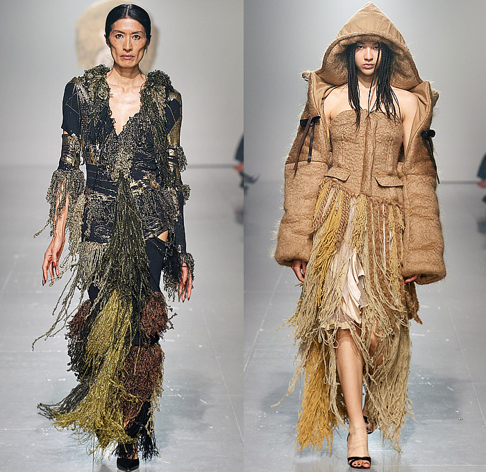 Asai 2023-2024 Fall Autumn Winter Womens Runway Collection - London Fashion Week Collections UK - Destroyed Threads Fringes Denim Jeans Nunchucks Nunchaku Strapless Pockets Patchwork Velvet Cutout Sheer Tie-Dye One Shoulder Outerwear Wool Hoodie Coat Fur Quilted Puffer Kimono Tights Leggings Knit Turtleneck Sweaterdress Plaid Check Mullet Hem Dress Handbag 