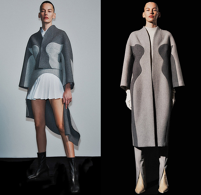 Ashlynn Park 2023-2024 Fall Autumn Winter Womens Lookbook Presentation - New York Fashion Week NYFW - Sublime Beauty Tudor Elizabethan Reverse Mullet Hem Accordion Pleats Miniskirt Blouse Short Sleeve Poufy Shoulders Puff Sleeves Shorts Tights Leggings Decorative Art Ornaments Wool Patchwork Outerwear Coat Knit Sweater Panel Peplum Miniskirt Compression Bicycle Shorts Long Back Tail Boots Kitten Heels