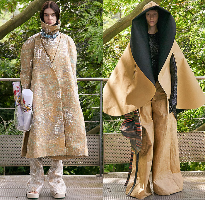 AZ Factory 2023-2024 Fall Autumn Womens Lookbook Presentation - Haute Couture Avant Garde High Fashion - Gardening Wool Cargo Utility Pockets Half Vest Turtleneck Funnelneck Outerwear Oversized Coat Wide Leg Baggy Loose Palazzo Pants Knit Gloves Bedazzled Sequins Embroidery Stripes Cape Poncho Dress Body Contour Accordion Pleats Snake Print Handbag