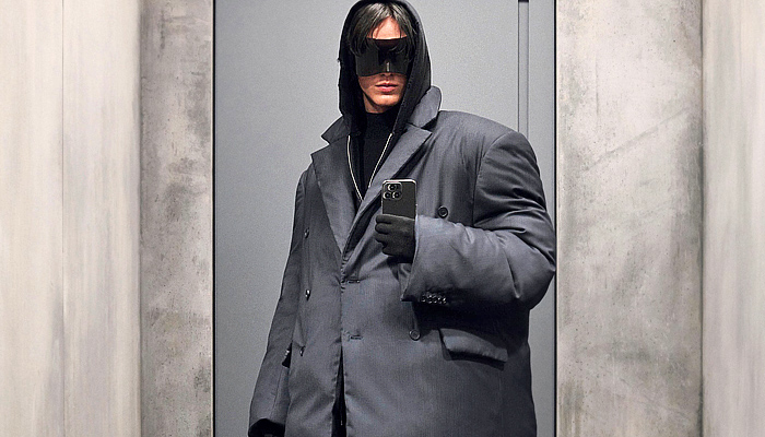 Balenciaga 2023 Pre-Fall Autumn Mens Lookbook - Demna Gvasalia - Denim Jeans Faded Distressed Coat Parka Quilted Puffer Vest Cargo Utility Pockets Shorts Cutoffs Hoodie Sweatshirt Workwear Velvet Crop Top Midriff Fur Wide Leg Slouchy Baggy Loose Houndstooth Check Tuxedo Jacket Robe Blazer Loungewear Handbag Tote Box Bag Sliders Tron Welding Sunglasses Shades Mud Fishing Swamp Boots