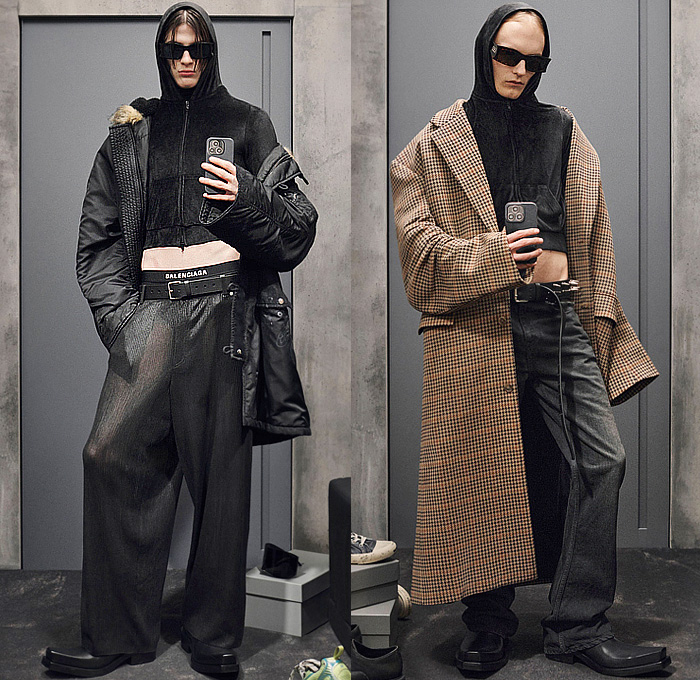 Balenciaga 2023 Pre-Fall Autumn Mens Lookbook - Demna Gvasalia - Denim Jeans Faded Distressed Coat Parka Quilted Puffer Vest Cargo Utility Pockets Shorts Cutoffs Hoodie Sweatshirt Workwear Velvet Crop Top Midriff Fur Wide Leg Slouchy Baggy Loose Houndstooth Check Tuxedo Jacket Robe Blazer Loungewear Handbag Tote Box Bag Sliders Tron Welding Sunglasses Shades Mud Fishing Swamp Boots