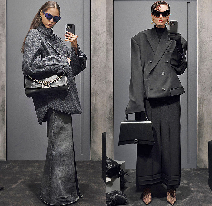 Balenciaga 2023 Pre-Fall Autumn Womens Lookbook - Demna Gvasalia - Knit Ribbed Patchwork Bodycon Dress Quilted Puffer Padded Oversized Peacoat Coat Outerwear Blazer Jacket Robe Hood Parka Utility Pockets Pantsuit Blouse Long Sleeve Plaid Check Wide Leg Flare Bell Bottom Denim Jeans Palazzo Pants Slouchy Leather Cargo Pants Cat Eye Sunglasses Fishnet Tights Stockings Handbag