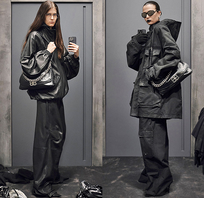 Balenciaga 2023 Pre-Fall Autumn Womens Lookbook - Demna Gvasalia - Knit Ribbed Patchwork Bodycon Dress Quilted Puffer Padded Oversized Peacoat Coat Outerwear Blazer Jacket Robe Hood Parka Utility Pockets Pantsuit Blouse Long Sleeve Plaid Check Wide Leg Flare Bell Bottom Denim Jeans Palazzo Pants Slouchy Leather Cargo Pants Cat Eye Sunglasses Fishnet Tights Stockings Handbag
