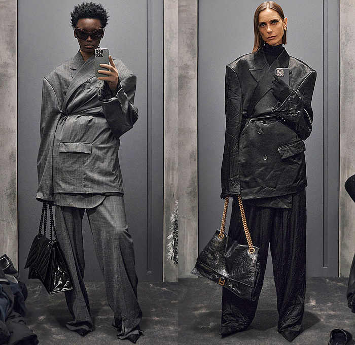 Balenciaga 2023 Pre-Fall Autumn Womens Lookbook - Demna Gvasalia - Knit Ribbed Patchwork Bodycon Dress Quilted Puffer Padded Oversized Peacoat Coat Outerwear Blazer Jacket Robe Hood Parka Utility Pockets Pantsuit Blouse Long Sleeve Plaid Check Wide Leg Flare Bell Bottom Denim Jeans Palazzo Pants Slouchy Leather Cargo Pants Cat Eye Sunglasses Fishnet Tights Stockings Handbag