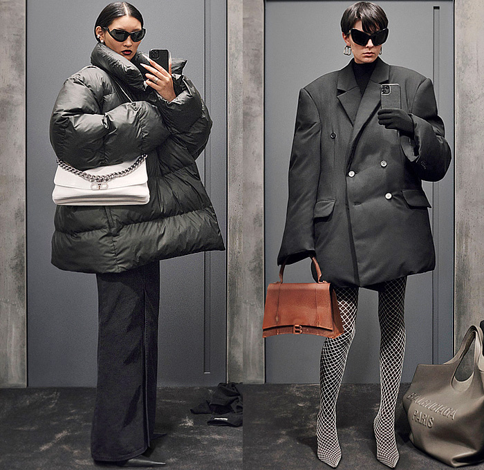 Balenciaga 2023 Pre-Fall Autumn Womens Lookbook - Demna Gvasalia - Knit Ribbed Patchwork Bodycon Dress Quilted Puffer Padded Oversized Peacoat Coat Outerwear Blazer Jacket Robe Hood Parka Utility Pockets Pantsuit Blouse Long Sleeve Plaid Check Wide Leg Flare Bell Bottom Denim Jeans Palazzo Pants Slouchy Leather Cargo Pants Cat Eye Sunglasses Fishnet Tights Stockings Handbag