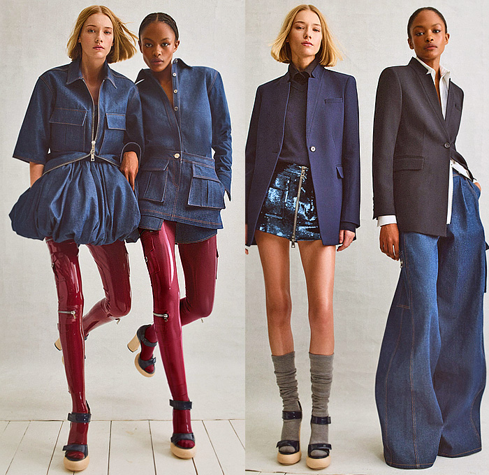 Brandon Maxwell 2023 Pre-Fall Autumn Womens Lookbook Top Picks - Puff Ball Denim Jeans Blouse Long Sleeve Miniskirt Utility Pockets Bedazzled Sequins Embroidery Blazer Jacket Wide Leg Baggy Loose Zipper Dress Knit Sweater Cardigan Shirtdress Strapless Open Shoulders Pantsuit Accordion Pleats Latex Tights Leggings Platform Shoes