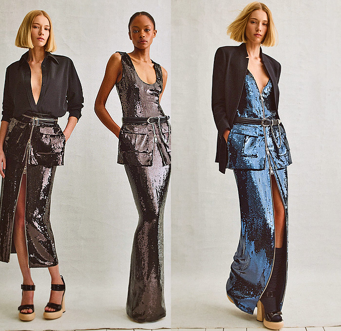 Brandon Maxwell 2023 Pre-Fall Autumn Womens Lookbook Top Picks - Puff Ball Denim Jeans Blouse Long Sleeve Miniskirt Utility Pockets Bedazzled Sequins Embroidery Blazer Jacket Wide Leg Baggy Loose Zipper Dress Knit Sweater Cardigan Shirtdress Strapless Open Shoulders Pantsuit Accordion Pleats Latex Tights Leggings Platform Shoes
