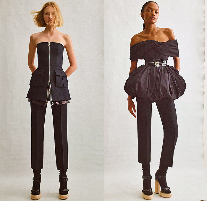 Brandon Maxwell 2023 Pre-Fall Autumn Womens Lookbook Top Picks - Puff Ball Denim Jeans Blouse Long Sleeve Miniskirt Utility Pockets Bedazzled Sequins Embroidery Blazer Jacket Wide Leg Baggy Loose Zipper Dress Knit Sweater Cardigan Shirtdress Strapless Open Shoulders Pantsuit Accordion Pleats Latex Tights Leggings Platform Shoes