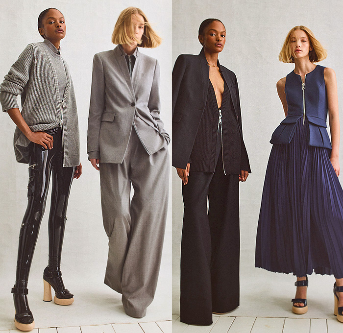 Brandon Maxwell 2023 Pre-Fall Autumn Womens Lookbook Top Picks - Puff Ball Denim Jeans Blouse Long Sleeve Miniskirt Utility Pockets Bedazzled Sequins Embroidery Blazer Jacket Wide Leg Baggy Loose Zipper Dress Knit Sweater Cardigan Shirtdress Strapless Open Shoulders Pantsuit Accordion Pleats Latex Tights Leggings Platform Shoes