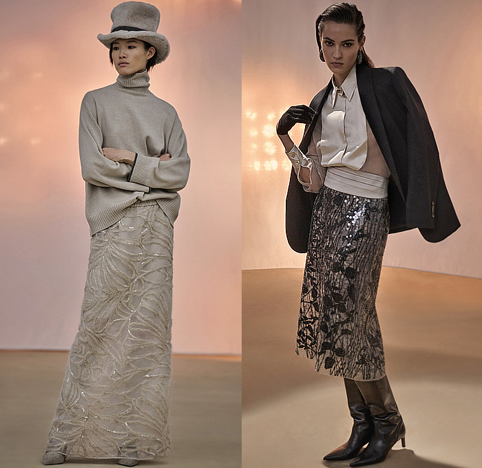 Brunello Cucinelli 2023-2024 Fall Autumn Winter Womens Lookbook Presentation - Milano Moda Donna Collezione Milan Fashion Week Italy - Threads Knit Crochet Tiered Fringes Loops Cardigan Sweater Jumper Gloves Midi Skirt Blazer Jacket Pantsuit Holes Wide Leg Tapered Coat Parka Quilted Pockets Cargo Pants Bedazzled Sequins Scales Embroidery Leaves Sheer Tux Bandeau Tulle Blouse Hoodie Sweatshirt Fleece Ear Flap Top Hat Cap Boots