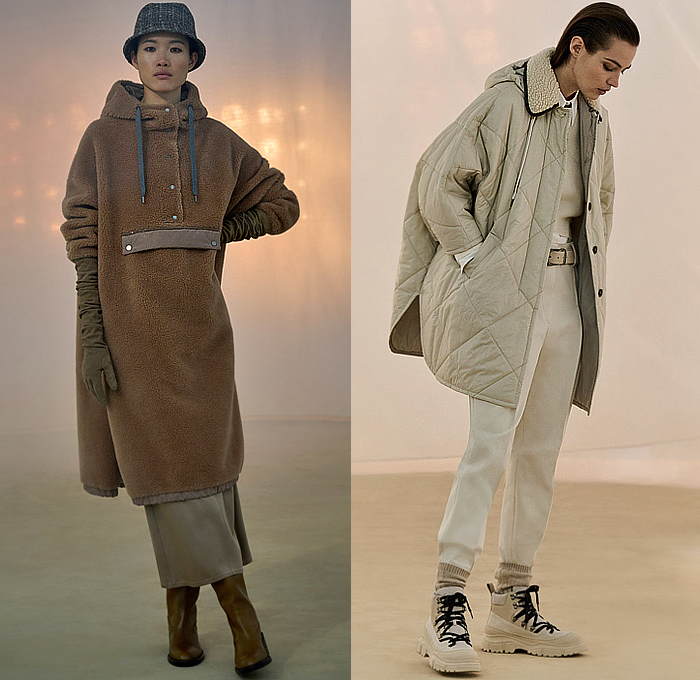 Brunello Cucinelli 2023-2024 Fall Autumn Winter Womens Lookbook Presentation - Milano Moda Donna Collezione Milan Fashion Week Italy - Threads Knit Crochet Tiered Fringes Loops Cardigan Sweater Jumper Gloves Midi Skirt Blazer Jacket Pantsuit Holes Wide Leg Tapered Coat Parka Quilted Pockets Cargo Pants Bedazzled Sequins Scales Embroidery Leaves Sheer Tux Bandeau Tulle Blouse Hoodie Sweatshirt Fleece Ear Flap Top Hat Cap Boots