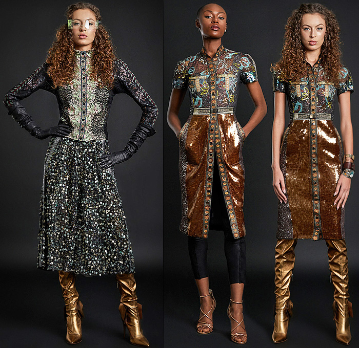 In Earnest by Byron Lars 2023-2024 Fall Autumn Winter Womens Lookbook Presentation - New York Fashion Week NYFW - Medieval Lace Mesh Embroidery Leaves Flowers Floral Bedazzled Sequins Chainmail Medallions Coins Greek Fret Dress Blouse Robe Strapless Bustier Corset Cutout Holes High Shoulders Leg O'Mutton Sleeves Blazer Jacket Coatdress Leggings Tights Wide Leg Palazzo Pants Cargo Pockets Thigh High Gold Metal Boots Gloves Gauntlet Chain Heart Padlock Crown