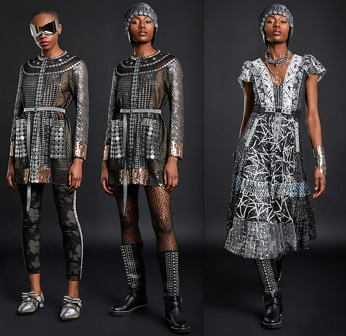 In Earnest by Byron Lars 2023-2024 Fall Autumn Winter Womens Lookbook Presentation - New York Fashion Week NYFW - Medieval Lace Mesh Embroidery Leaves Flowers Floral Bedazzled Sequins Chainmail Medallions Coins Greek Fret Dress Blouse Robe Strapless Bustier Corset Cutout Holes High Shoulders Leg O'Mutton Sleeves Blazer Jacket Coatdress Leggings Tights Wide Leg Palazzo Pants Cargo Pockets Thigh High Gold Metal Boots Gloves Gauntlet Chain Heart Padlock Crown