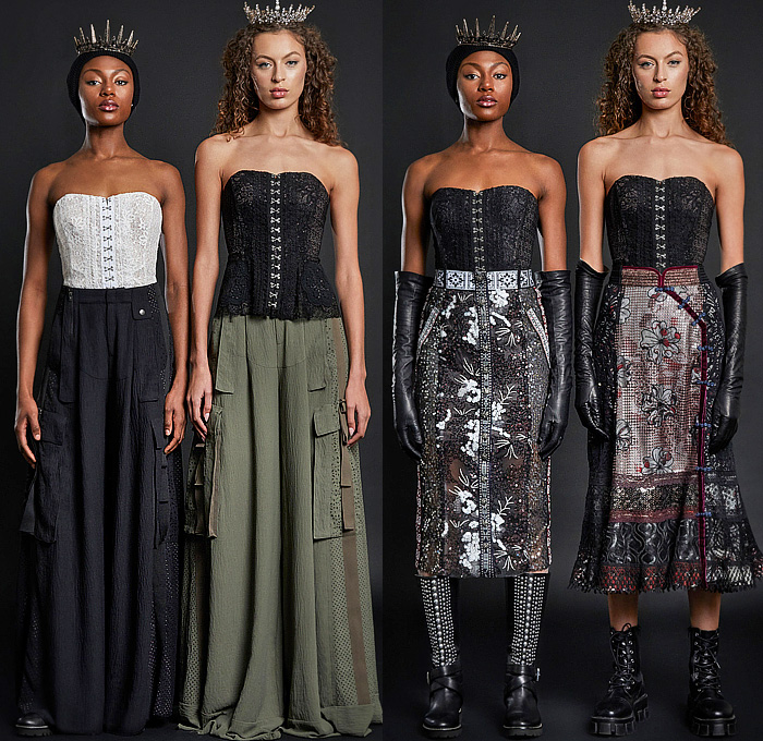 In Earnest by Byron Lars 2023-2024 Fall Autumn Winter Womens Lookbook Presentation - New York Fashion Week NYFW - Medieval Lace Mesh Embroidery Leaves Flowers Floral Bedazzled Sequins Chainmail Medallions Coins Greek Fret Dress Blouse Robe Strapless Bustier Corset Cutout Holes High Shoulders Leg O'Mutton Sleeves Blazer Jacket Coatdress Leggings Tights Wide Leg Palazzo Pants Cargo Pockets Thigh High Gold Metal Boots Gloves Gauntlet Chain Heart Padlock Crown