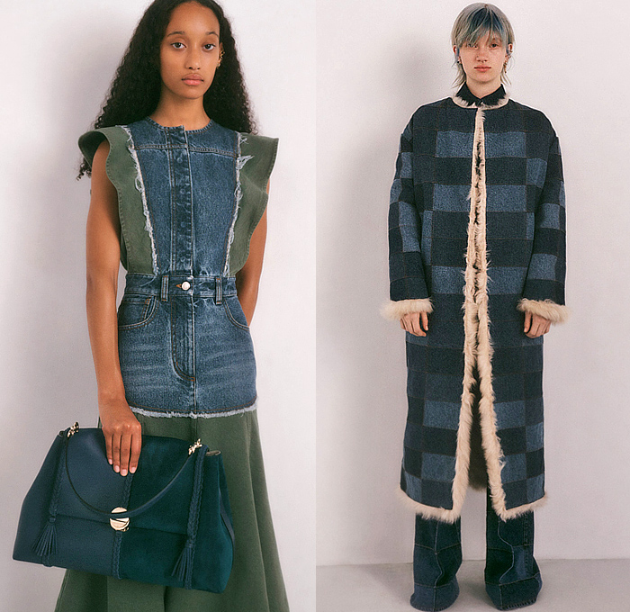 Chloé 2023 Pre-Fall Autumn Womens Lookbook - Denim Jeans Patchwork Frayed Raw Hem Blocks Outerwear Coat Fur Shearling Cutout Eyelets Holes Perforated Jacket Poodle Circle Skirt Pinafore Dress Knit Lines Wide Bell Hem Geometric Diamond-Shaped Puff Leg O'Mutton Sleeves Studs Noodle Strap Colorblock Quilted Puffer Turtleneck Handbag