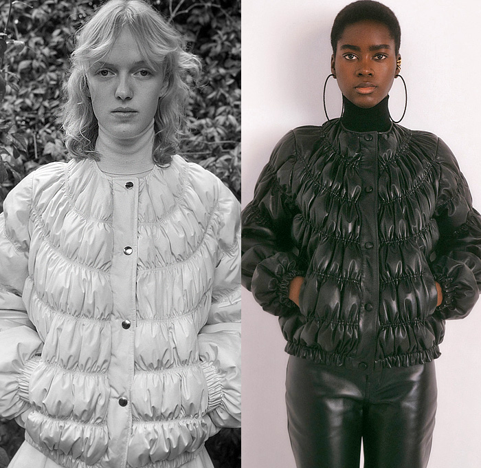 Chloé 2023 Pre-Fall Autumn Womens Lookbook - Denim Jeans Patchwork Frayed Raw Hem Blocks Outerwear Coat Fur Shearling Cutout Eyelets Holes Perforated Jacket Poodle Circle Skirt Pinafore Dress Knit Lines Wide Bell Hem Geometric Diamond-Shaped Puff Leg O'Mutton Sleeves Studs Noodle Strap Colorblock Quilted Puffer Turtleneck Handbag