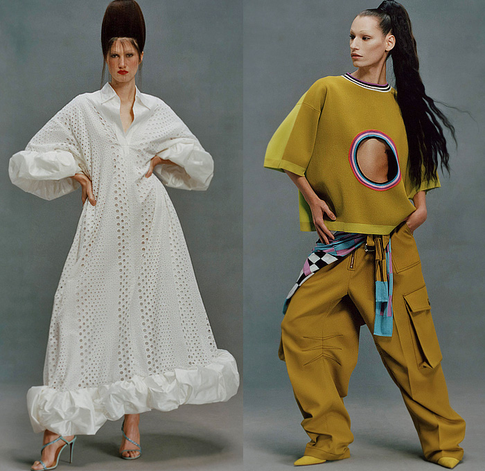 Christopher John Rogers 2023 Pre-Fall Autumn Womens Lookbook - Headdress Flowers Floral Cutout Holes Mesh Halterneck Crop Top Midriff Bodycon Camisole Onesie Shirtdress Oversized Pockets Cargo Pants Wide Leg Check Gown Clown Suit Jumpsuit Coveralls Sweaterdress Tied Polka Dots Poodle Skirt Bow Ribbon Pantsuit Geometric Hypnotic Stripes Knit Culottes Stars Moon Fez Hat Strapless Ruffles Draped Puff Ball Poufy Cardigan Patchwork Bedazzled Sequins