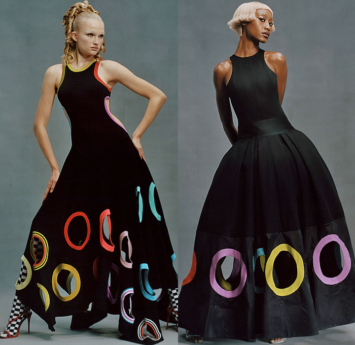 Christopher John Rogers 2023 Pre-Fall Autumn Womens Lookbook - Headdress Flowers Floral Cutout Holes Mesh Halterneck Crop Top Midriff Bodycon Camisole Onesie Shirtdress Oversized Pockets Cargo Pants Wide Leg Check Gown Clown Suit Jumpsuit Coveralls Sweaterdress Tied Polka Dots Poodle Skirt Bow Ribbon Pantsuit Geometric Hypnotic Stripes Knit Culottes Stars Moon Fez Hat Strapless Ruffles Draped Puff Ball Poufy Cardigan Patchwork Bedazzled Sequins