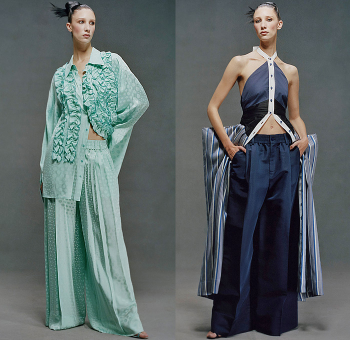 Christopher John Rogers 2023 Pre-Fall Autumn Womens Lookbook - Headdress Flowers Floral Cutout Holes Mesh Halterneck Crop Top Midriff Bodycon Camisole Onesie Shirtdress Oversized Pockets Cargo Pants Wide Leg Check Gown Clown Suit Jumpsuit Coveralls Sweaterdress Tied Polka Dots Poodle Skirt Bow Ribbon Pantsuit Geometric Hypnotic Stripes Knit Culottes Stars Moon Fez Hat Strapless Ruffles Draped Puff Ball Poufy Cardigan Patchwork Bedazzled Sequins