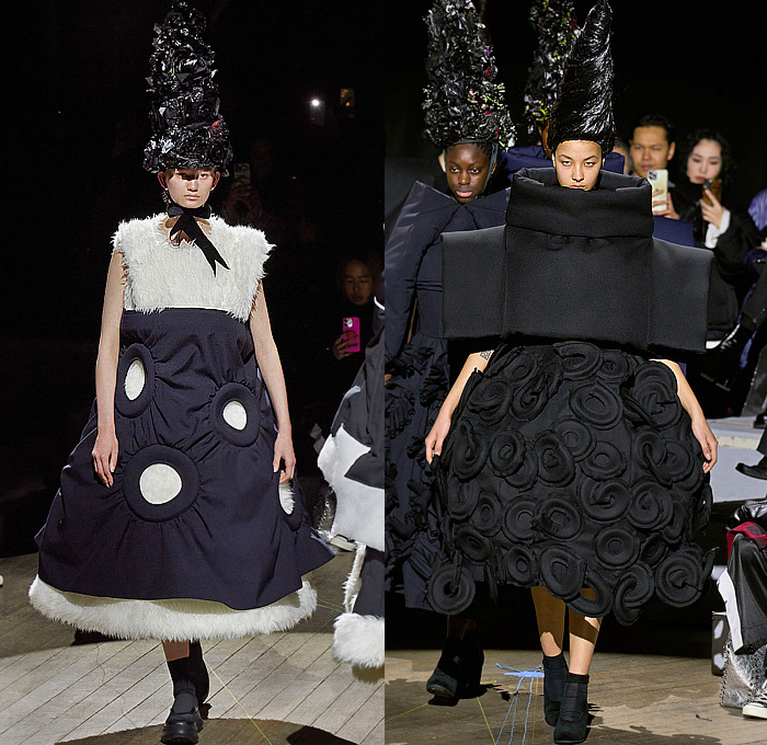 Comme des Garçons 2023-2024 Fall Autumn Winter Womens Runway Collection - Paris Fashion Week Femme PFW - Cone Head Headwear Fur Sculpture Rings Loops Grommets Holes Funnelneck Boxy Puff Ball Skirt Trompe L'oeil Rods Fringes Scrunchies Geometric Patchwork Deconstructed Judge Wig Cage Enclosed Wireframe Velvet Onion Bulbs Decorated Hood Tiered Ruffles Frills Lace Embroidery Rags Frayed Raw Hem Outerwear Coat Dress Gown