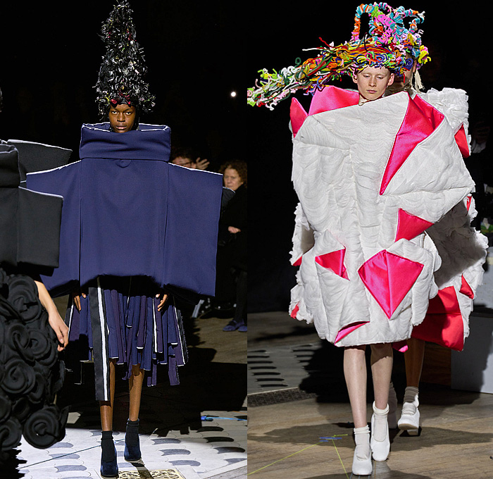 Comme des Garçons 2023-2024 Fall Autumn Winter Womens Runway Collection - Paris Fashion Week Femme PFW - Cone Head Headwear Fur Sculpture Rings Loops Grommets Holes Funnelneck Boxy Puff Ball Skirt Trompe L'oeil Rods Fringes Scrunchies Geometric Patchwork Deconstructed Judge Wig Cage Enclosed Wireframe Velvet Onion Bulbs Decorated Hood Tiered Ruffles Frills Lace Embroidery Rags Frayed Raw Hem Outerwear Coat Dress Gown