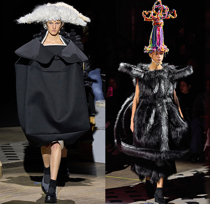 Comme des Garçons 2023-2024 Fall Autumn Winter Womens Runway Collection - Paris Fashion Week Femme PFW - Cone Head Headwear Fur Sculpture Rings Loops Grommets Holes Funnelneck Boxy Puff Ball Skirt Trompe L'oeil Rods Fringes Scrunchies Geometric Patchwork Deconstructed Judge Wig Cage Enclosed Wireframe Velvet Onion Bulbs Decorated Hood Tiered Ruffles Frills Lace Embroidery Rags Frayed Raw Hem Outerwear Coat Dress Gown