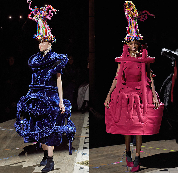 Comme des Garçons 2023-2024 Fall Autumn Winter Womens Runway Collection - Paris Fashion Week Femme PFW - Cone Head Headwear Fur Sculpture Rings Loops Grommets Holes Funnelneck Boxy Puff Ball Skirt Trompe L'oeil Rods Fringes Scrunchies Geometric Patchwork Deconstructed Judge Wig Cage Enclosed Wireframe Velvet Onion Bulbs Decorated Hood Tiered Ruffles Frills Lace Embroidery Rags Frayed Raw Hem Outerwear Coat Dress Gown