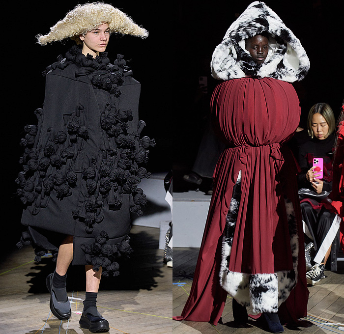 Comme des Garçons 2023-2024 Fall Autumn Winter Womens Runway Collection - Paris Fashion Week Femme PFW - Cone Head Headwear Fur Sculpture Rings Loops Grommets Holes Funnelneck Boxy Puff Ball Skirt Trompe L'oeil Rods Fringes Scrunchies Geometric Patchwork Deconstructed Judge Wig Cage Enclosed Wireframe Velvet Onion Bulbs Decorated Hood Tiered Ruffles Frills Lace Embroidery Rags Frayed Raw Hem Outerwear Coat Dress Gown