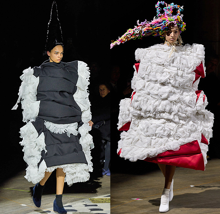 Comme des Garçons 2023-2024 Fall Autumn Winter Womens Runway Collection - Paris Fashion Week Femme PFW - Cone Head Headwear Fur Sculpture Rings Loops Grommets Holes Funnelneck Boxy Puff Ball Skirt Trompe L'oeil Rods Fringes Scrunchies Geometric Patchwork Deconstructed Judge Wig Cage Enclosed Wireframe Velvet Onion Bulbs Decorated Hood Tiered Ruffles Frills Lace Embroidery Rags Frayed Raw Hem Outerwear Coat Dress Gown