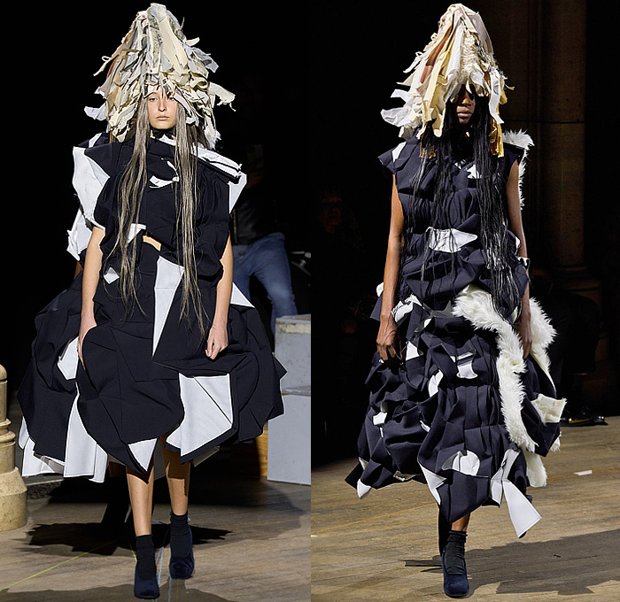 Comme des Garçons 2023-2024 Fall Autumn Winter Womens Runway Collection - Paris Fashion Week Femme PFW - Cone Head Headwear Fur Sculpture Rings Loops Grommets Holes Funnelneck Boxy Puff Ball Skirt Trompe L'oeil Rods Fringes Scrunchies Geometric Patchwork Deconstructed Judge Wig Cage Enclosed Wireframe Velvet Onion Bulbs Decorated Hood Tiered Ruffles Frills Lace Embroidery Rags Frayed Raw Hem Outerwear Coat Dress Gown