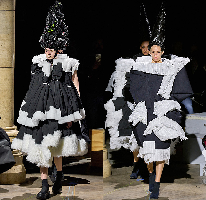 Comme des Garçons 2023-2024 Fall Autumn Winter Womens Runway Collection - Paris Fashion Week Femme PFW - Cone Head Headwear Fur Sculpture Rings Loops Grommets Holes Funnelneck Boxy Puff Ball Skirt Trompe L'oeil Rods Fringes Scrunchies Geometric Patchwork Deconstructed Judge Wig Cage Enclosed Wireframe Velvet Onion Bulbs Decorated Hood Tiered Ruffles Frills Lace Embroidery Rags Frayed Raw Hem Outerwear Coat Dress Gown