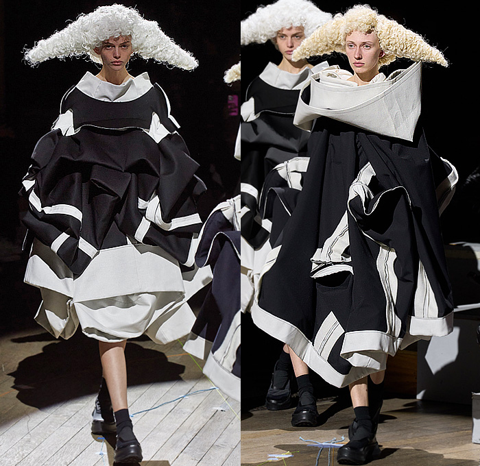 Comme des Garçons 2023-2024 Fall Autumn Winter Womens Runway Collection - Paris Fashion Week Femme PFW - Cone Head Headwear Fur Sculpture Rings Loops Grommets Holes Funnelneck Boxy Puff Ball Skirt Trompe L'oeil Rods Fringes Scrunchies Geometric Patchwork Deconstructed Judge Wig Cage Enclosed Wireframe Velvet Onion Bulbs Decorated Hood Tiered Ruffles Frills Lace Embroidery Rags Frayed Raw Hem Outerwear Coat Dress Gown