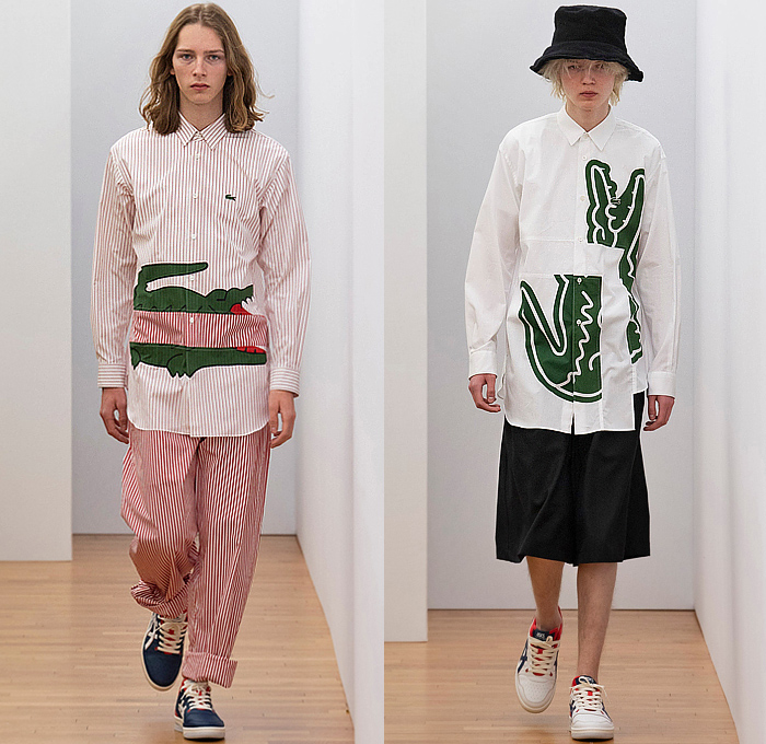 Comme des Garçons Shirt x Lacoste Collaboration 2023-2024 Fall Autumn Winter Mens Lookbook Collection - Asymmetrical Long Sleeve Shirt Stripes Pinstripe Gingham Check Logo Alligator Crocodile Patchwork Wide Leg Slouchy Pants Baggy Shorts Cutout Holes Squares Fringes Wool Coat Blazer Jacket Asics Sneakers Bucket Hat