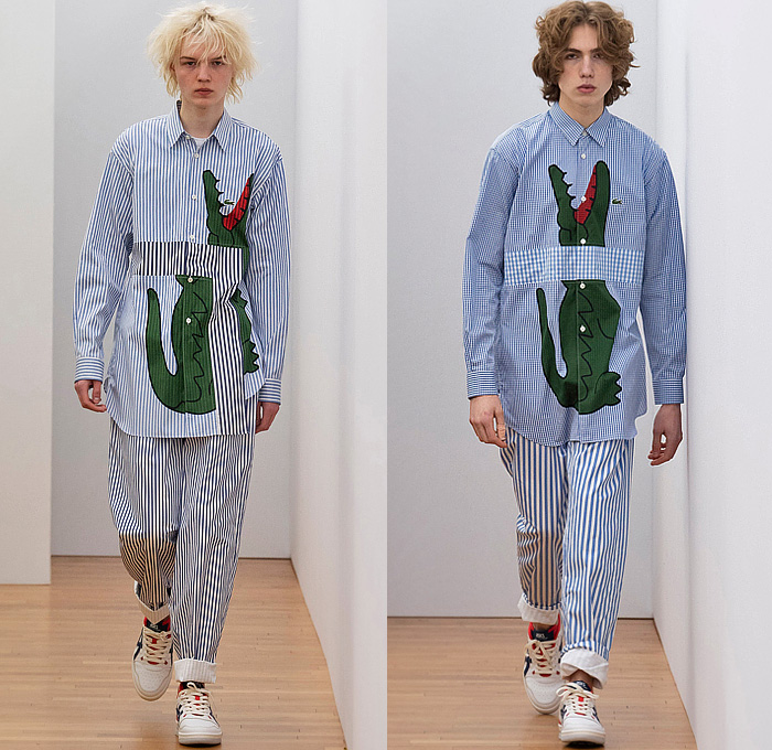 Comme des Garçons Shirt x Lacoste Collaboration 2023-2024 Fall Autumn Winter Mens Lookbook Collection - Asymmetrical Long Sleeve Shirt Stripes Pinstripe Gingham Check Logo Alligator Crocodile Patchwork Wide Leg Slouchy Pants Baggy Shorts Cutout Holes Squares Fringes Wool Coat Blazer Jacket Asics Sneakers Bucket Hat