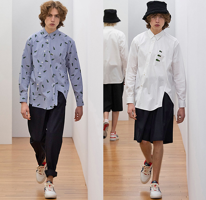 Comme des Garçons Shirt x Lacoste Collaboration 2023-2024 Fall Autumn Winter Mens Lookbook Collection - Asymmetrical Long Sleeve Shirt Stripes Pinstripe Gingham Check Logo Alligator Crocodile Patchwork Wide Leg Slouchy Pants Baggy Shorts Cutout Holes Squares Fringes Wool Coat Blazer Jacket Asics Sneakers Bucket Hat