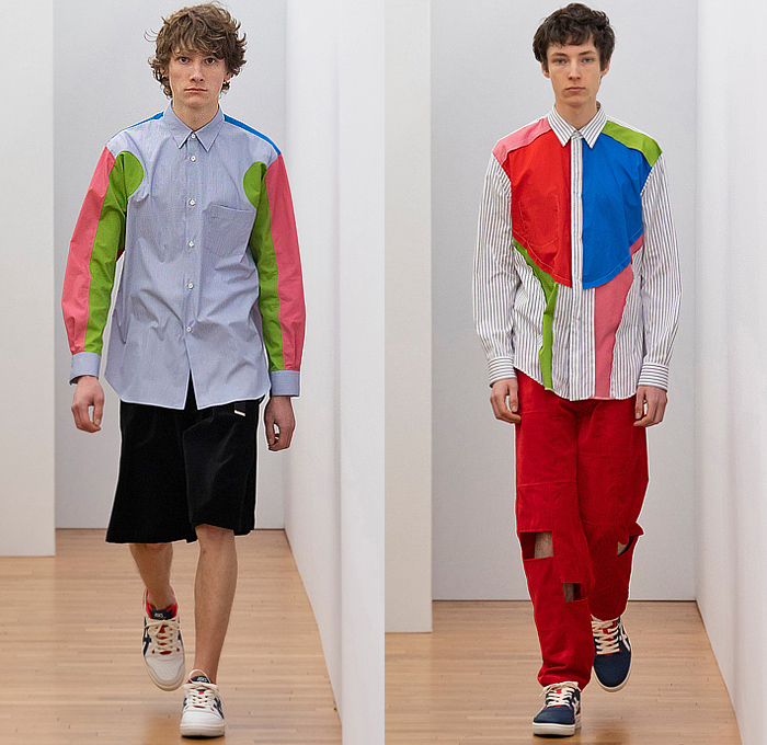 Comme des Garçons Shirt x Lacoste Collaboration 2023-2024 Fall Autumn Winter Mens Lookbook Collection - Asymmetrical Long Sleeve Shirt Stripes Pinstripe Gingham Check Logo Alligator Crocodile Patchwork Wide Leg Slouchy Pants Baggy Shorts Cutout Holes Squares Fringes Wool Coat Blazer Jacket Asics Sneakers Bucket Hat