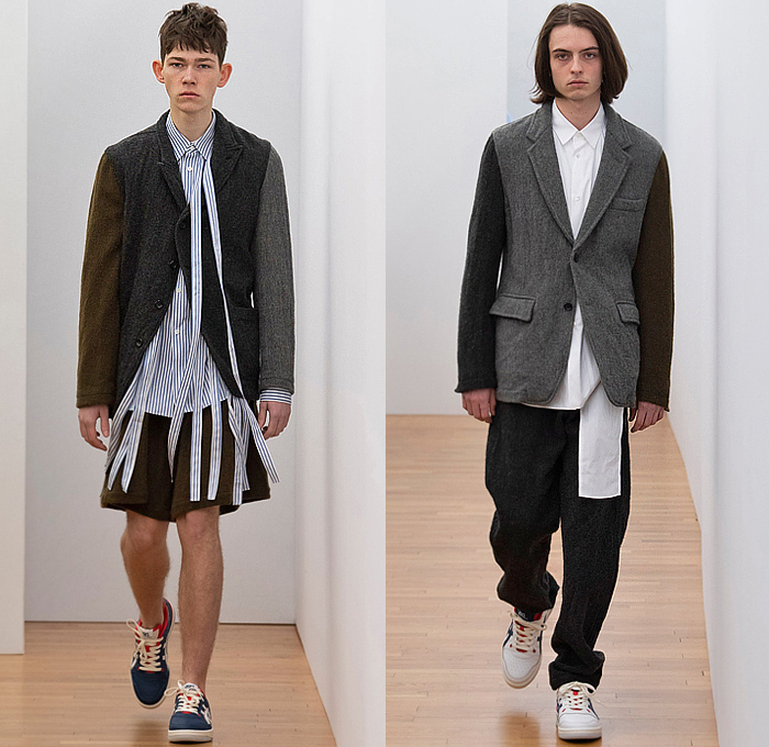 Comme des Garçons Shirt x Lacoste Collaboration 2023-2024 Fall Autumn Winter Mens Lookbook Collection - Asymmetrical Long Sleeve Shirt Stripes Pinstripe Gingham Check Logo Alligator Crocodile Patchwork Wide Leg Slouchy Pants Baggy Shorts Cutout Holes Squares Fringes Wool Coat Blazer Jacket Asics Sneakers Bucket Hat