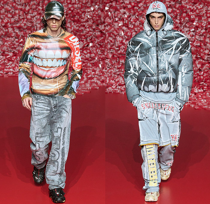 Diesel 2023-2024 Fall Autumn Winter Mens Runway Presentation - Milan Fashion Week Italy - Hyperreal Close-Up Prints Faces Smiles Teeth Pop Art Membrane Sheer Tulle Blow Torch Destroyed Destructed Peel Off Motorcycle Biker Jacket Leather Shredded Devoré Frayed Raw Hem Slouchy Baggy Loose Denim Jeans Burnt Cracked Quilted Puffer Hood Oversized Coat Blazer Mesh Holes Knit Grunge Marbled Shorts Crumpled 1DR Pod Wristlet Pouch Handbag XL Diesel Logo D-Charm Trainers Sneakers 
