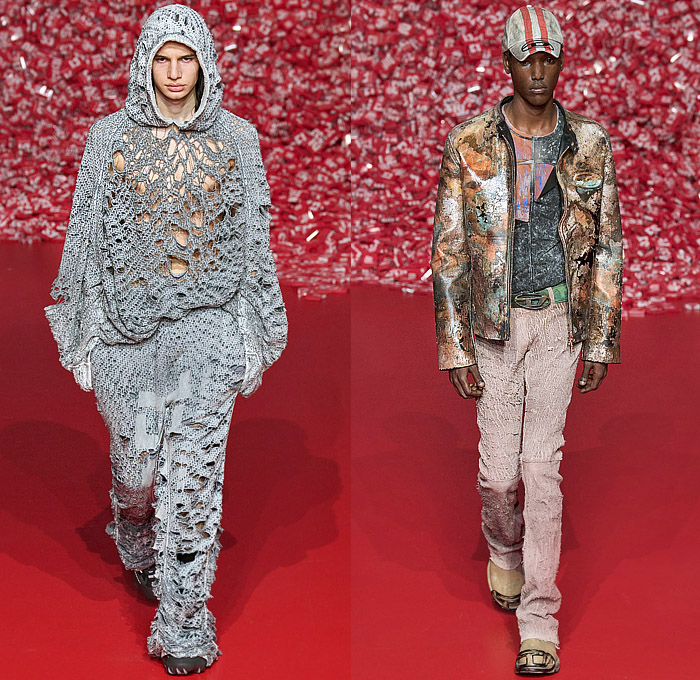Diesel 2023-2024 Fall Autumn Winter Mens Runway Presentation - Milan Fashion Week Italy - Hyperreal Close-Up Prints Faces Smiles Teeth Pop Art Membrane Sheer Tulle Blow Torch Destroyed Destructed Peel Off Motorcycle Biker Jacket Leather Shredded Devoré Frayed Raw Hem Slouchy Baggy Loose Denim Jeans Burnt Cracked Quilted Puffer Hood Oversized Coat Blazer Mesh Holes Knit Grunge Marbled Shorts Crumpled 1DR Pod Wristlet Pouch Handbag XL Diesel Logo D-Charm Trainers Sneakers 