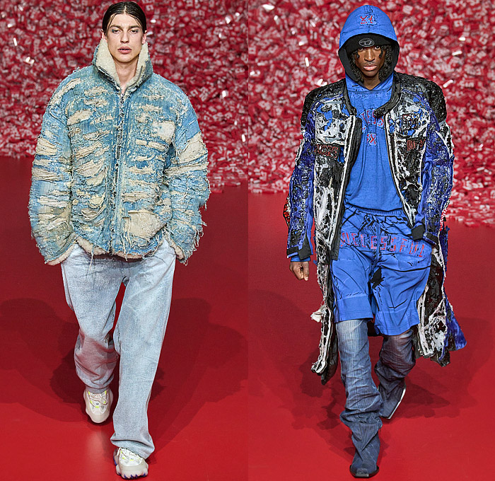 Diesel 2023-2024 Fall Autumn Winter Mens Runway Presentation - Milan Fashion Week Italy - Hyperreal Close-Up Prints Faces Smiles Teeth Pop Art Membrane Sheer Tulle Blow Torch Destroyed Destructed Peel Off Motorcycle Biker Jacket Leather Shredded Devoré Frayed Raw Hem Slouchy Baggy Loose Denim Jeans Burnt Cracked Quilted Puffer Hood Oversized Coat Blazer Mesh Holes Knit Grunge Marbled Shorts Crumpled 1DR Pod Wristlet Pouch Handbag XL Diesel Logo D-Charm Trainers Sneakers 