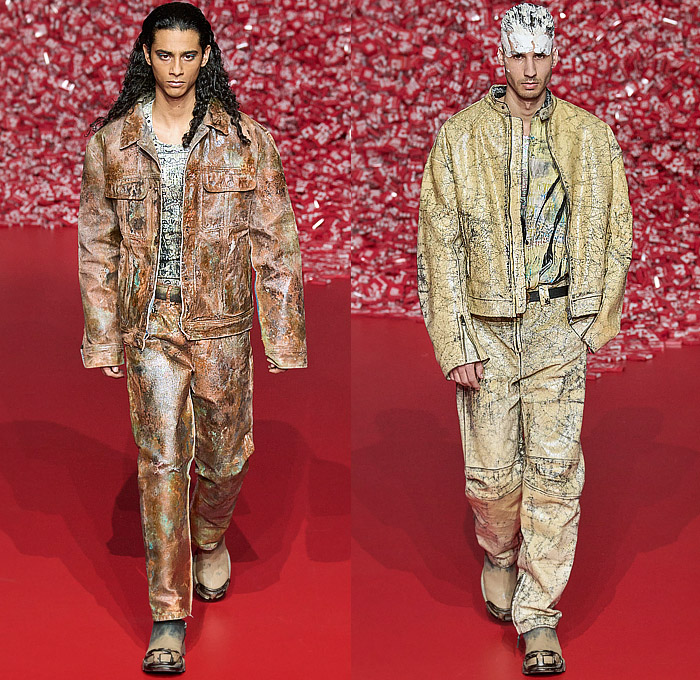 Diesel 2023-2024 Fall Autumn Winter Mens Runway Presentation - Milan Fashion Week Italy - Hyperreal Close-Up Prints Faces Smiles Teeth Pop Art Membrane Sheer Tulle Blow Torch Destroyed Destructed Peel Off Motorcycle Biker Jacket Leather Shredded Devoré Frayed Raw Hem Slouchy Baggy Loose Denim Jeans Burnt Cracked Quilted Puffer Hood Oversized Coat Blazer Mesh Holes Knit Grunge Marbled Shorts Crumpled 1DR Pod Wristlet Pouch Handbag XL Diesel Logo D-Charm Trainers Sneakers 