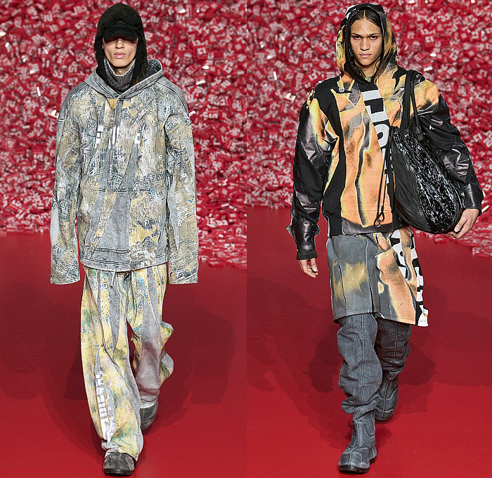 Diesel 2023-2024 Fall Autumn Winter Mens Runway Presentation - Milan Fashion Week Italy - Hyperreal Close-Up Prints Faces Smiles Teeth Pop Art Membrane Sheer Tulle Blow Torch Destroyed Destructed Peel Off Motorcycle Biker Jacket Leather Shredded Devoré Frayed Raw Hem Slouchy Baggy Loose Denim Jeans Burnt Cracked Quilted Puffer Hood Oversized Coat Blazer Mesh Holes Knit Grunge Marbled Shorts Crumpled 1DR Pod Wristlet Pouch Handbag XL Diesel Logo D-Charm Trainers Sneakers 