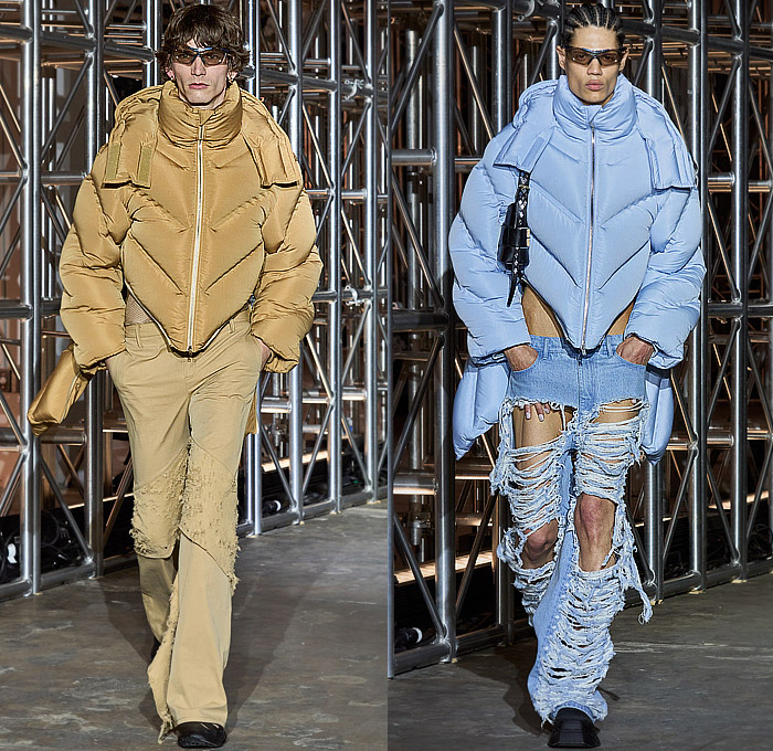 Dion Lee 2023-2024 Fall Autumn Winter Mens Runway Collection - New York Fashion Week NYFW - Armor Padded Quilted Puffer Parka Jacket Coat Funnelneck Frayed Destroyed Sash Flare Khakis Denim Jeans Holes Knit Sweater Tiles Straps Belts Cargo Pants Utility Pockets Tank Top Sheer Laces Tie-Dye Shibori Resist Dye Shorts Fur Shearling Leather Boots Sandals Diamond-Shape Metal Studs