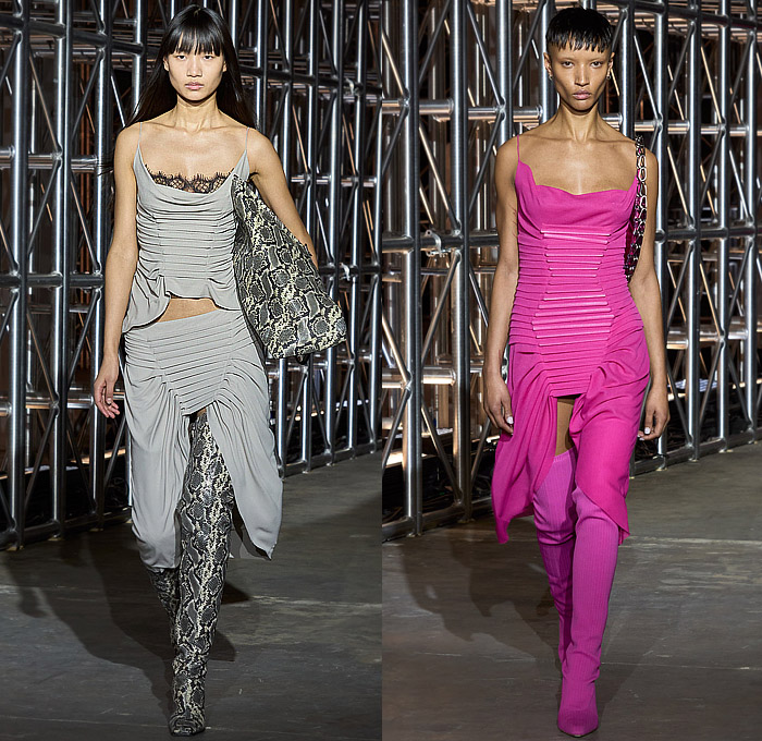 Dion Lee 2023-2024 Fall Autumn Winter Womens Runway Collection - New York Fashion Week NYFW - Sculpture Mesh Grommets Belts Straps Strapless Micro Dress Leather Crop Top Midriff Bralette Wide Leg Tiered Sheer Mullet Hem Cutout Sweater Cinch Coil Bodycon Gown Tiles Frayed Raw Hem Bandeau Coat Miniskirt Noodle Strap Lace Embroidery Snakeskin Laces One Shoulder Quilted Puffer Parka Translucent Arm Warmers Pads Blazer Tights Leggings Knit Crochet Chain Sock Boots Sandals