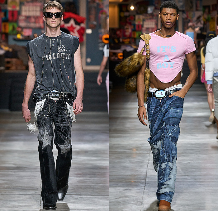 Dsquared2 2023-2024 Fall Autumn Winter Mens Runway Looks - Milano Moda Uomo Milan Fashion Week - Temptation Rock n' Roll Shirt Studs Crystals Destroyed Denim Jeans Stars Western Fringes Crop Top Midriff Patchwork Open Fly Musical Notes Deer Paisley Quilted Puffer Vest Shorts Knit Chaps Fur Shearling Tank Top Plaid Check Flowers Floral Flannel Joggers Sweatpants Patches Snakeskin Military Cargo Pants Motorcycle Biker Jacket Tights Leggings Parka Coat Bag Cowboy Boots Trucker Hat