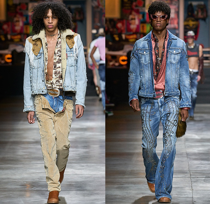 Dsquared2 2023-2024 Fall Autumn Winter Mens Runway Looks - Milano Moda Uomo Milan Fashion Week - Temptation Rock n' Roll Shirt Studs Crystals Destroyed Denim Jeans Stars Western Fringes Crop Top Midriff Patchwork Open Fly Musical Notes Deer Paisley Quilted Puffer Vest Shorts Knit Chaps Fur Shearling Tank Top Plaid Check Flowers Floral Flannel Joggers Sweatpants Patches Snakeskin Military Cargo Pants Motorcycle Biker Jacket Tights Leggings Parka Coat Bag Cowboy Boots Trucker Hat