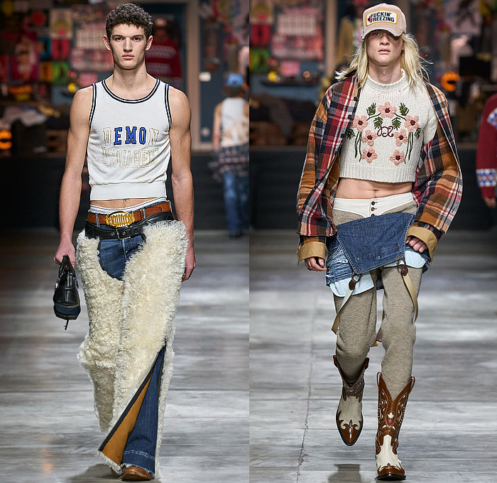 Dsquared2 2023-2024 Fall Autumn Winter Mens Runway Looks - Milano Moda Uomo Milan Fashion Week - Temptation Rock n' Roll Shirt Studs Crystals Destroyed Denim Jeans Stars Western Fringes Crop Top Midriff Patchwork Open Fly Musical Notes Deer Paisley Quilted Puffer Vest Shorts Knit Chaps Fur Shearling Tank Top Plaid Check Flowers Floral Flannel Joggers Sweatpants Patches Snakeskin Military Cargo Pants Motorcycle Biker Jacket Tights Leggings Parka Coat Bag Cowboy Boots Trucker Hat