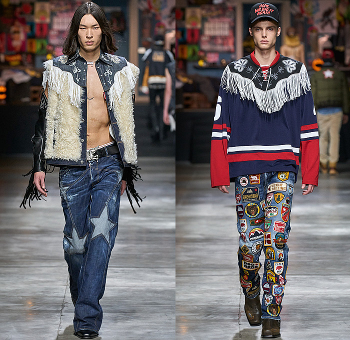 Dsquared2 2023-2024 Fall Autumn Winter Mens Runway Looks - Milano Moda Uomo Milan Fashion Week - Temptation Rock n' Roll Shirt Studs Crystals Destroyed Denim Jeans Stars Western Fringes Crop Top Midriff Patchwork Open Fly Musical Notes Deer Paisley Quilted Puffer Vest Shorts Knit Chaps Fur Shearling Tank Top Plaid Check Flowers Floral Flannel Joggers Sweatpants Patches Snakeskin Military Cargo Pants Motorcycle Biker Jacket Tights Leggings Parka Coat Bag Cowboy Boots Trucker Hat