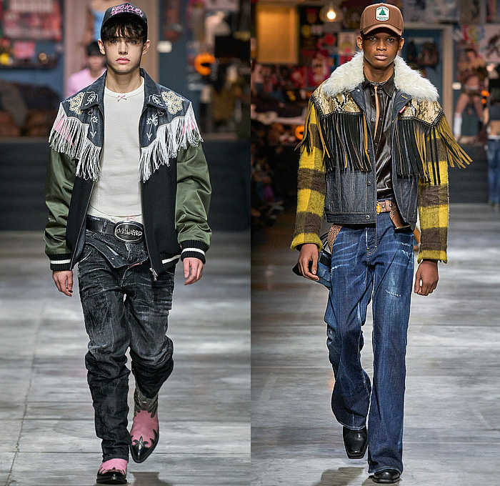 Dsquared2 2023-2024 Fall Autumn Winter Mens Runway Looks - Milano Moda Uomo Milan Fashion Week - Temptation Rock n' Roll Shirt Studs Crystals Destroyed Denim Jeans Stars Western Fringes Crop Top Midriff Patchwork Open Fly Musical Notes Deer Paisley Quilted Puffer Vest Shorts Knit Chaps Fur Shearling Tank Top Plaid Check Flowers Floral Flannel Joggers Sweatpants Patches Snakeskin Military Cargo Pants Motorcycle Biker Jacket Tights Leggings Parka Coat Bag Cowboy Boots Trucker Hat